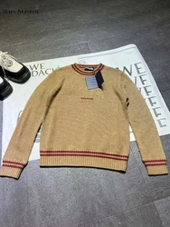 Designer retro color contrast letters striped wool knit sweater 2024 fall women's new fashion all-match straight pullover