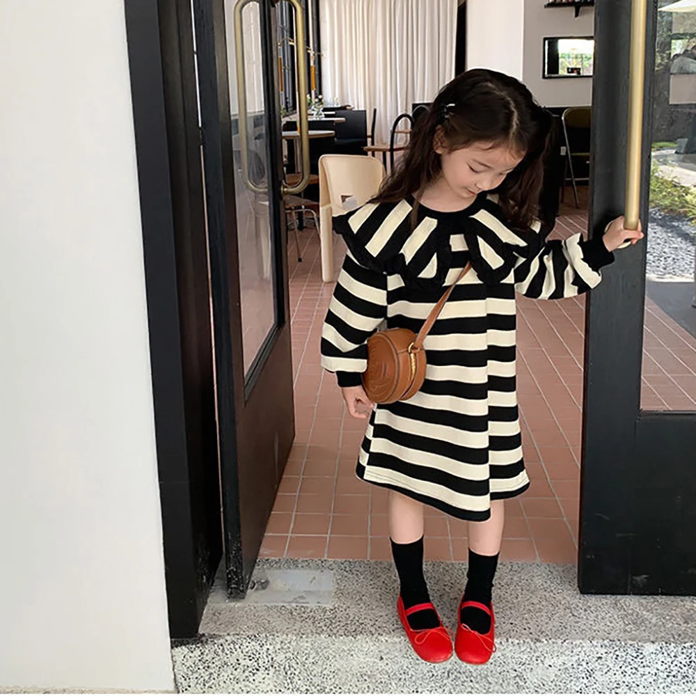 Bear Leader Autumn Black and White Striped Lapel Dress Long Sleeved T-shirt Dresses Spring Children's Clothing Girls' Clothing