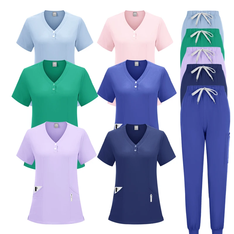 Anti-Wrinkle Premium Fabric Clinical Uniforms Washable Nurse Uniforms Medical Scrubs Sets Surgical Blouse Pockets Straight Pants