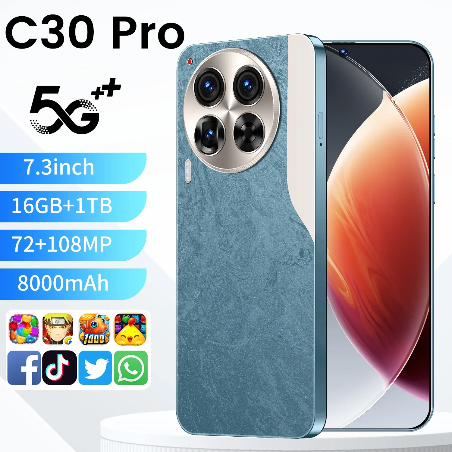 

Original C30 Pro Cell Phone 7.3 HD Screen SmartPhone 16G+1T 5G Dual Sim Celulares Android13 Unlocked 108MP 8000mAh Mobile Phones