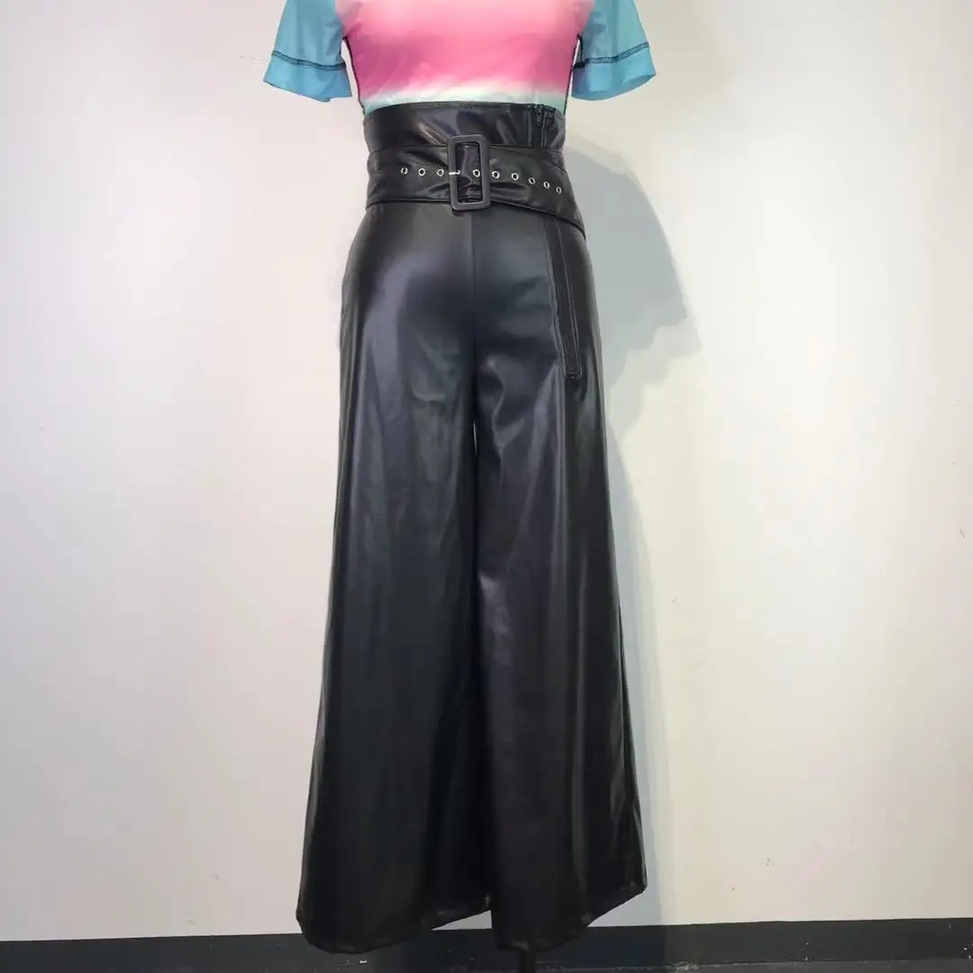 

Women's Black High Waist PU Wide Leg Pants Trousers Shiny with Waist Belt Ladies Female African Fashion Spring 2024 New Bottons