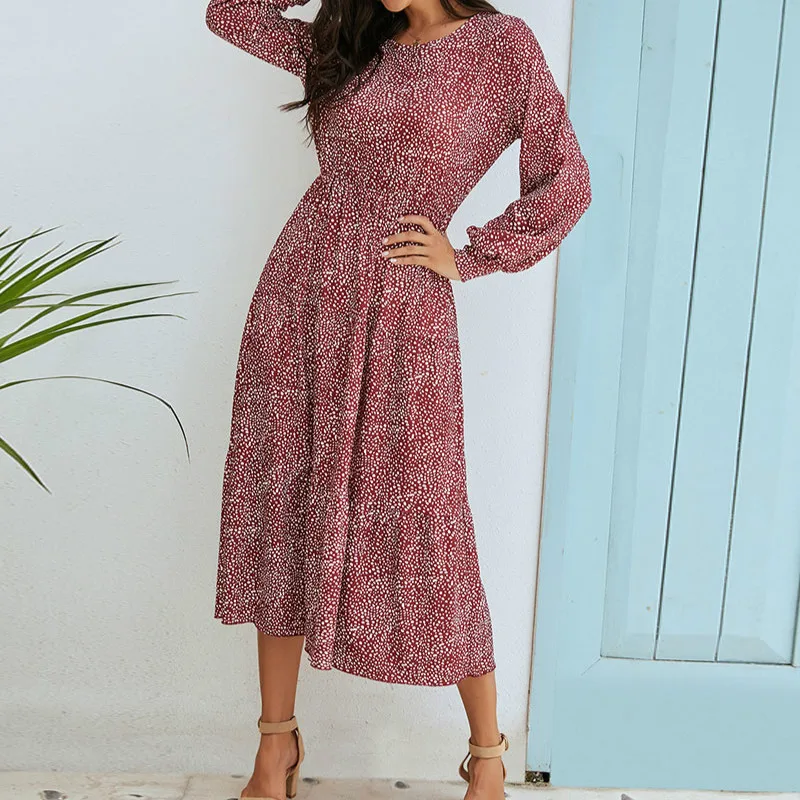 Robe longue vintage à manches longues bouffantes pour femmes, robe trapèze à pois, col rond, mode décontractée Boho pour dames, printemps, automne, nouveau