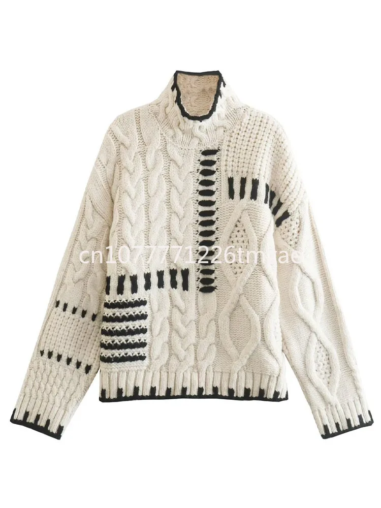 Fashion Tops 2024 New Women's Casual Patchwork Pullover Wool Hollow Jacquard Long-Sleeved Top Casual Sweater