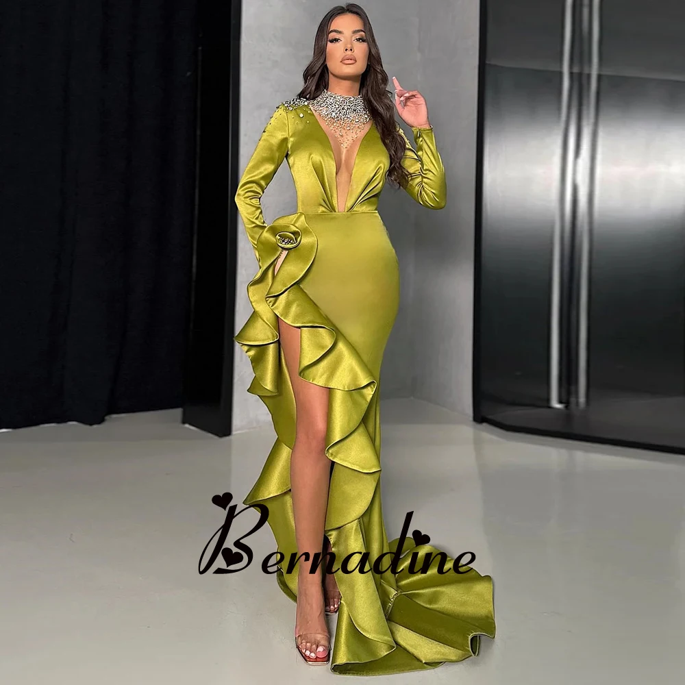 

Bernadine Celebrity Dresses Charming High Neck Evening Gowns For Women Ruffles Mermaid Slit Satin Rhinestones Robes De Soirée