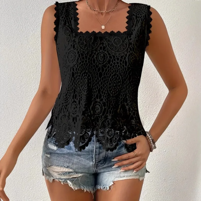 Tops Women Tank Top Square Collar Sleeveless Lace Splice Y2k Streetwear Elegant Casual Work Slim Fit Hollow Out Camisole 2026