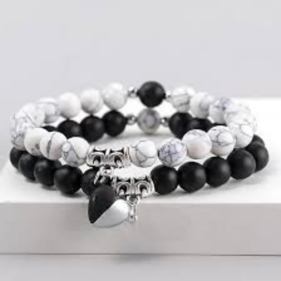 2Pcs/Set Natural Stone Beaded Heart Magnet Attraction Couple Bracelets For Women Men Simple Love Relationship Bracelet Jewelry