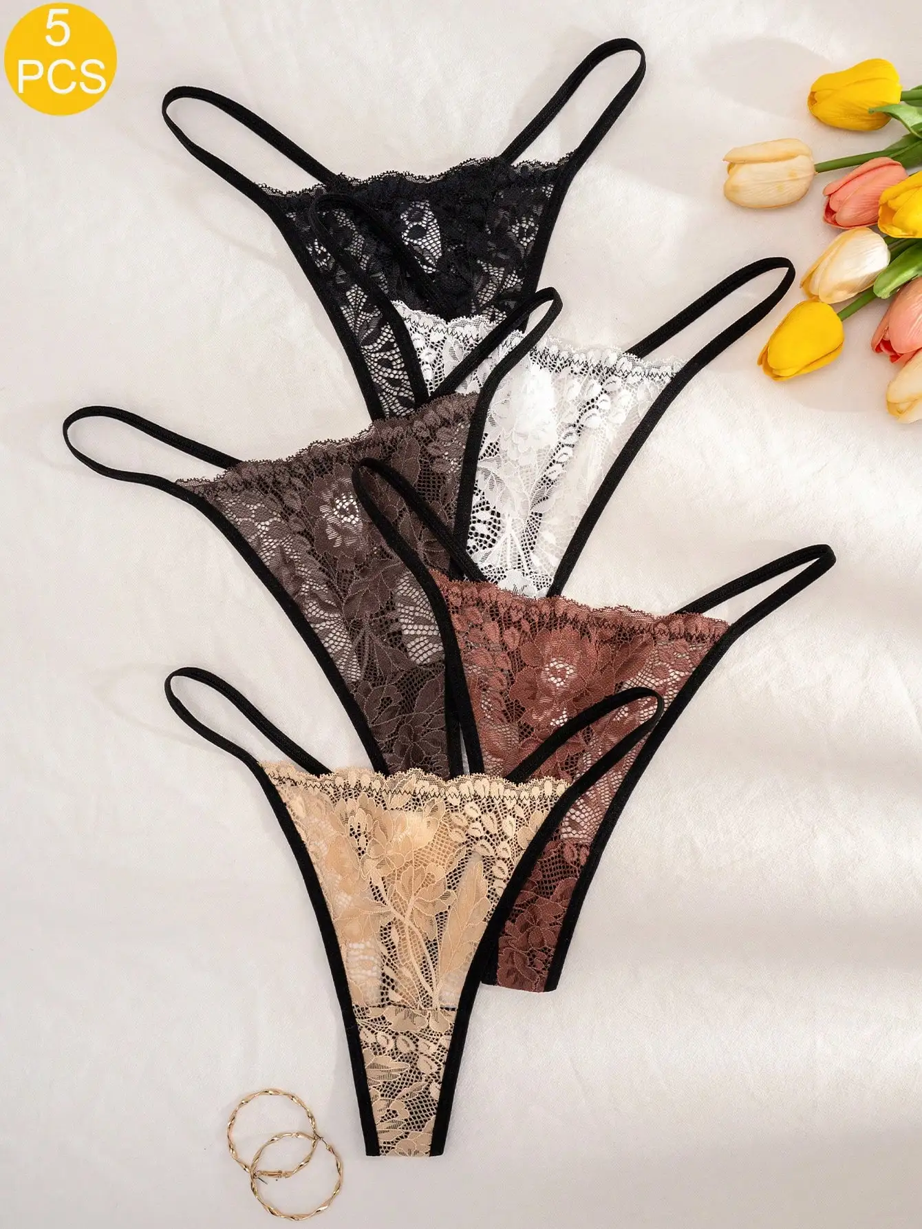 

5 шт. женских трусиков-стрингов с кружевом, однотонные, с цветочной кружевной отделкой, удобные и сексуальные для повседневной носки
