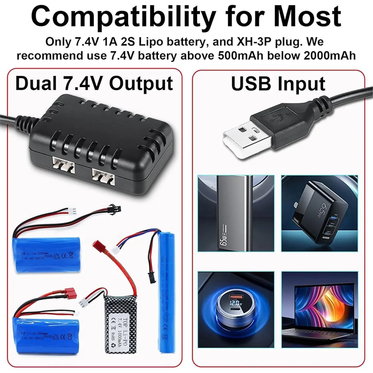 618 Mega Sale 7.4V Lipo Battery Charger - RC Car Balance Chargers USB Cable 2-in-1 with XH-3P Plug 1A for 2S Batteries RC Cars