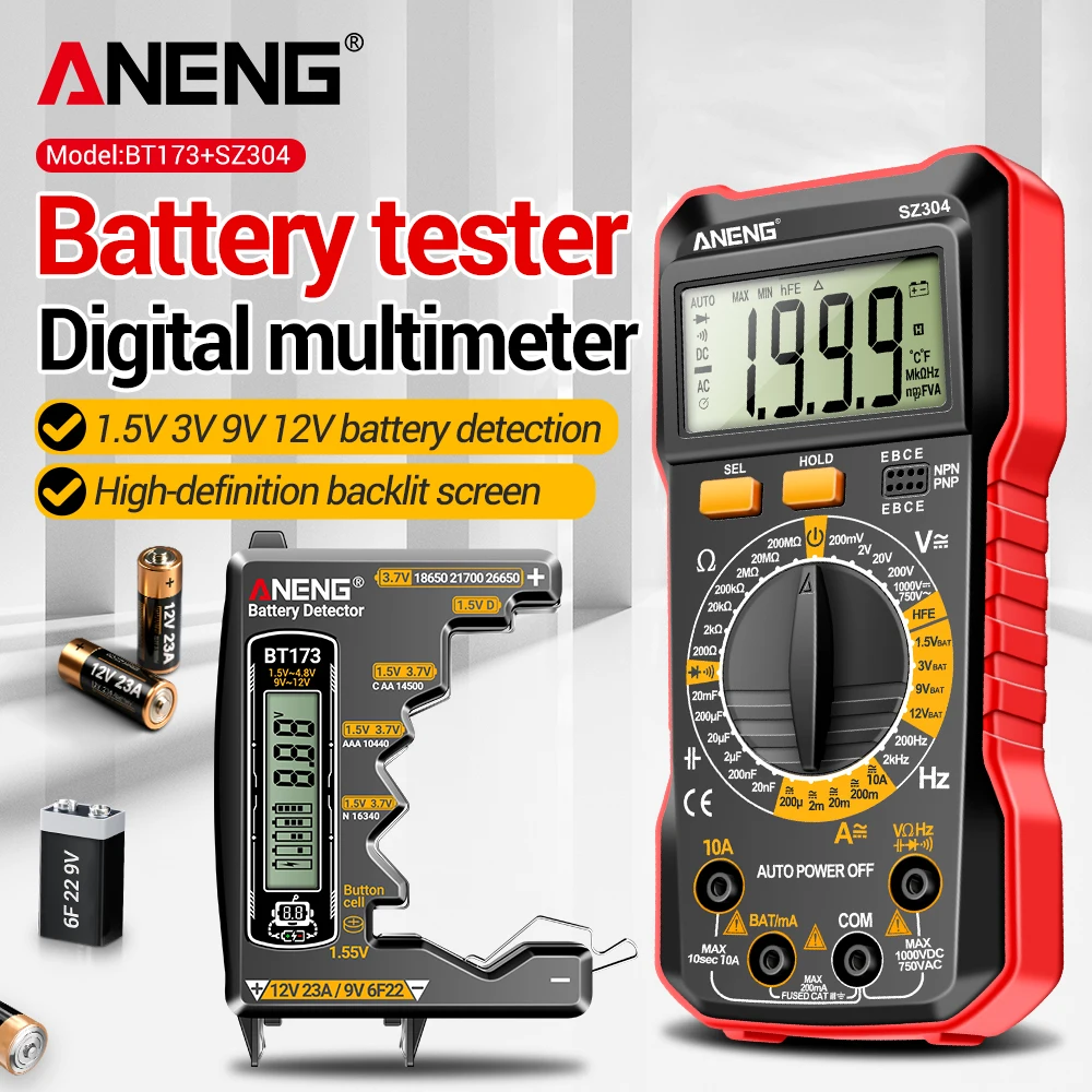 

Digital Battery Tester ANENG BT173 Portable Tester Tools& Digital Multimete SZ304 AC/DC Votage True RMS Ohm Handheld Lnstrument