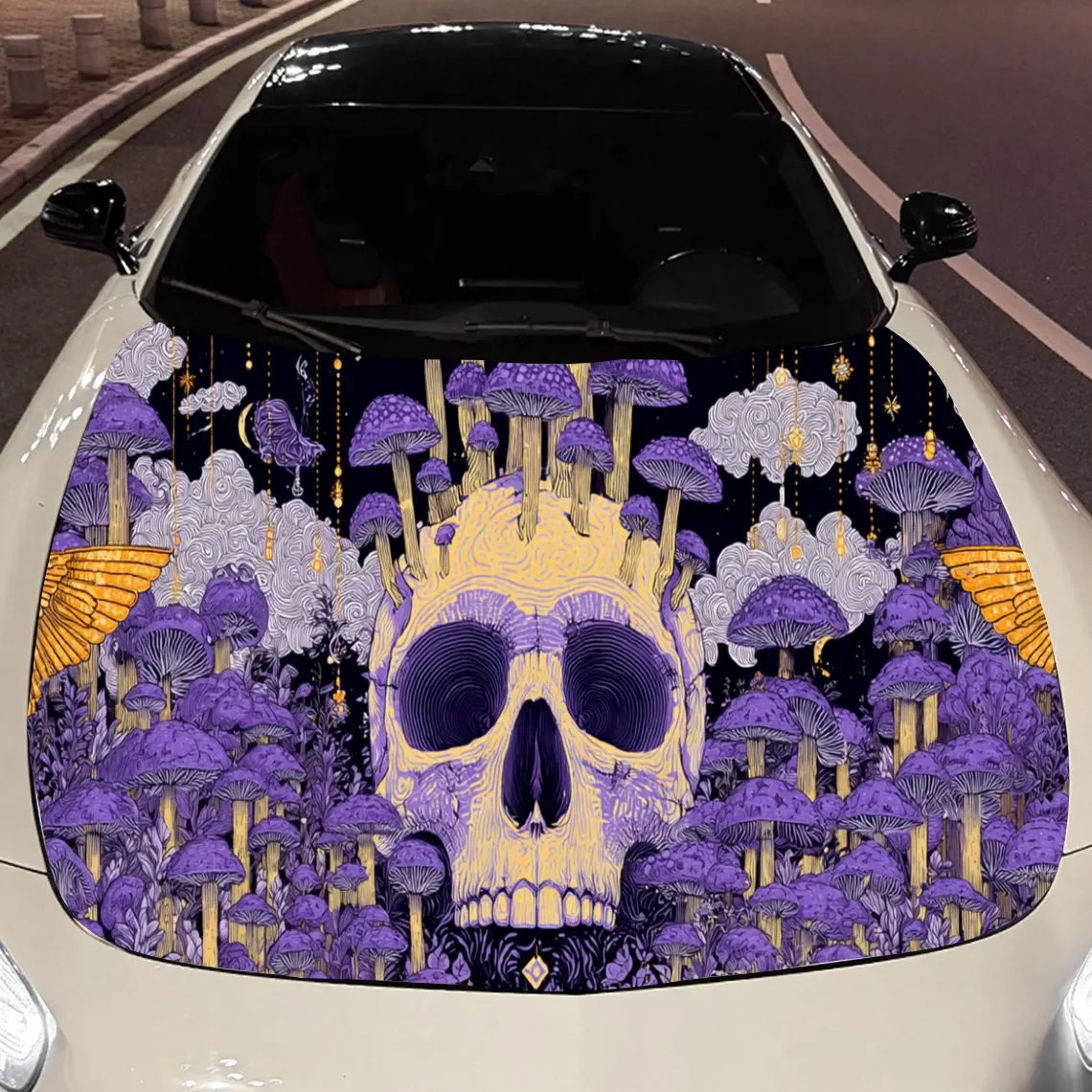 

Trippy Purple Skull Mushroom Car Hood Stickers - Self-Adhesive, Waterproof and Durable Vinyl Wrap, Decorate And Protect Your Car