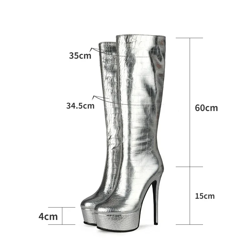 

2024 New Patent Leather Knee High Women Boots 15cm Thin Heel 8-color Women Short Plush 4cm Thick Soled Boots Size 45 WinterShoes