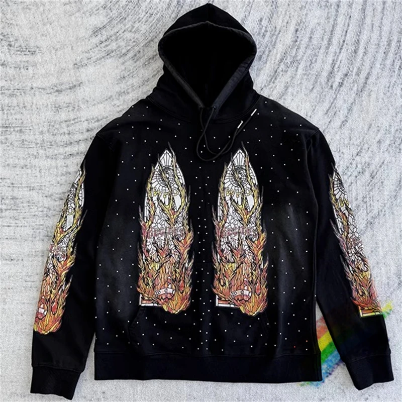 2024fw WHO DECIDES WAR Hoodie Men Women Abstract Geometric Pattern Flame Printing Loose Streetwear Pullover