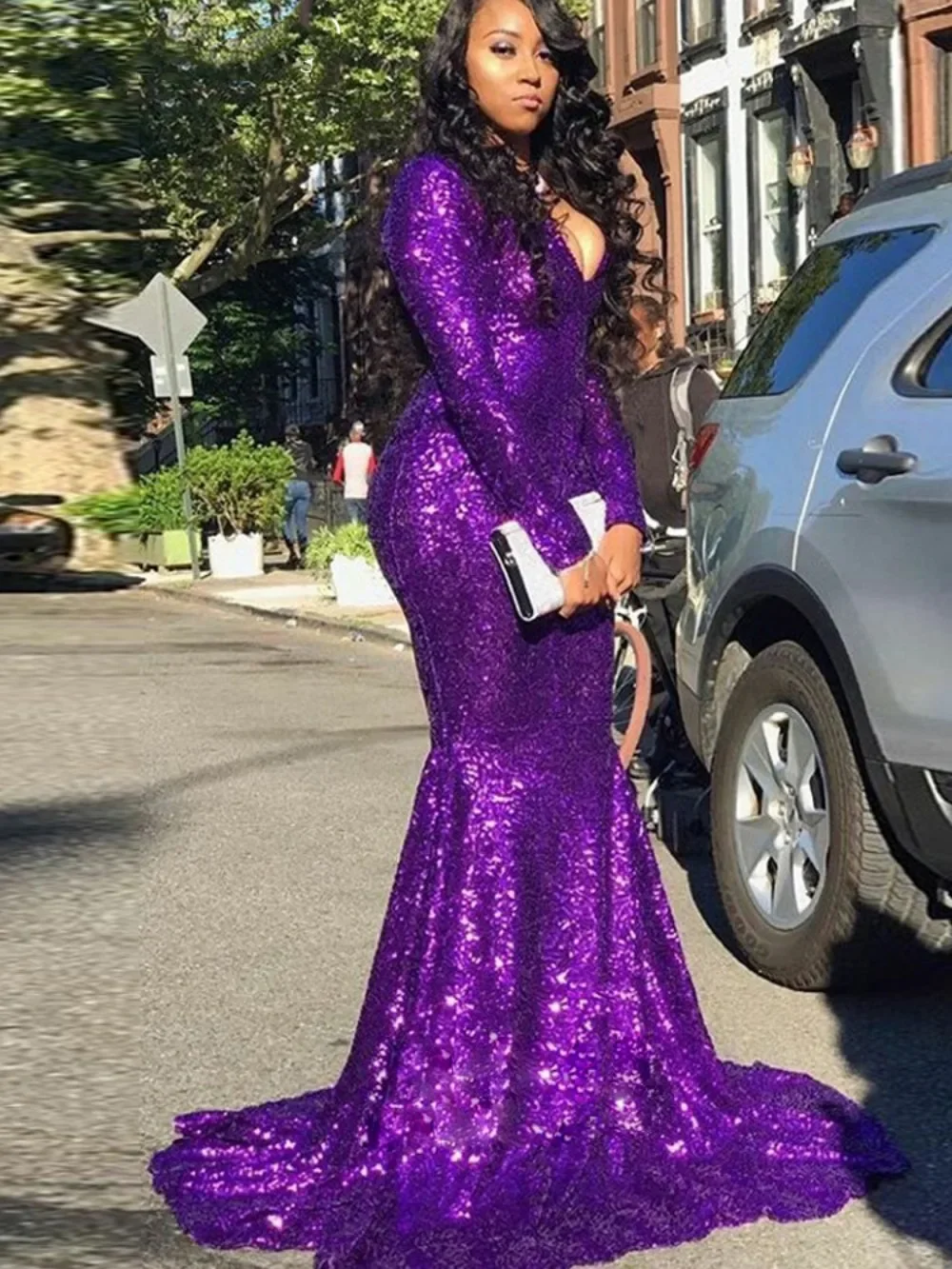 Flavinke-Sexy Purple Sequin Mermaid Prom Dresses, V Neck, Manga Comprida, Menina Negra, Baile, Aniversário, Coquetel, Festa, 2024