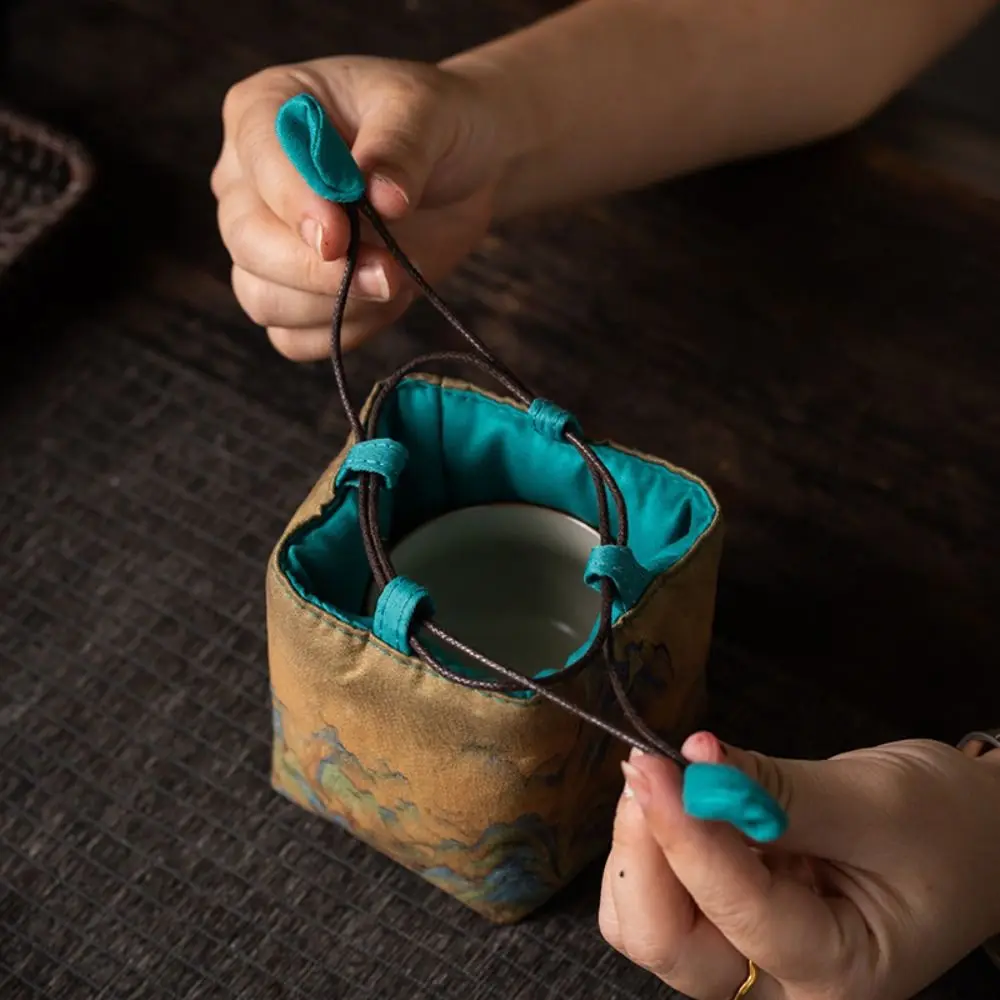 Chinese Style Teacup Drawstring Cloth Pouch Breakage-proof Print Teaware Storage Bag Portable Multifunctional