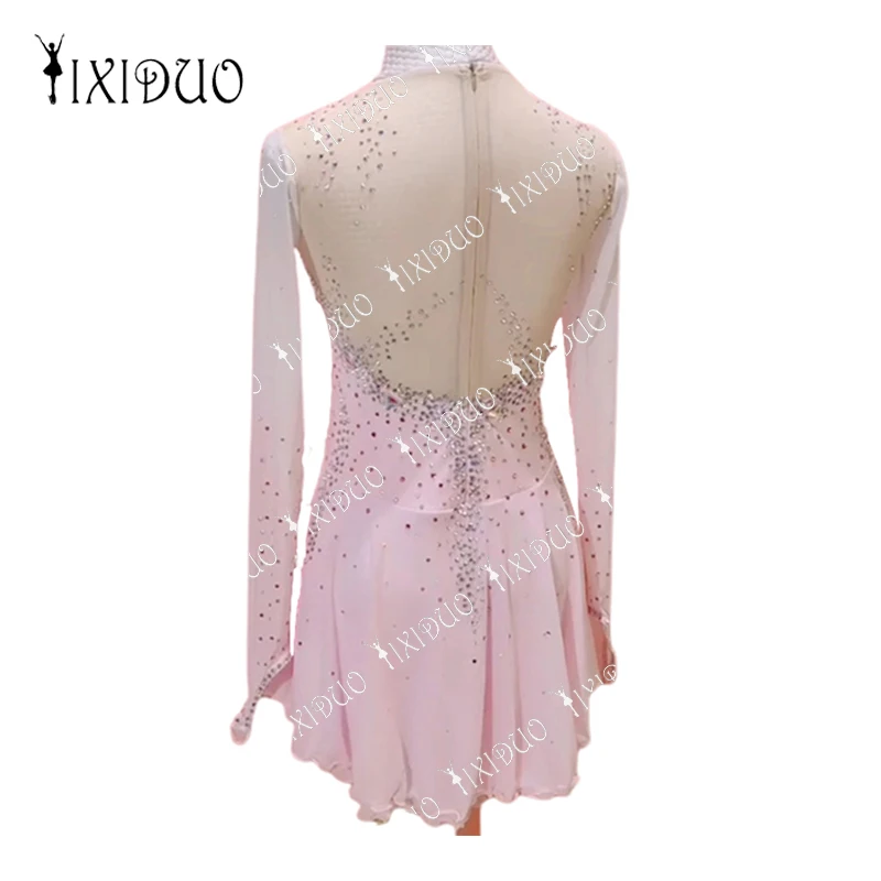 Competition Figure Ice Skating Dress Outfits Crystal Rhinestones Long Sleeve Mesh Spandex Women Girls Child Dancewear Costume