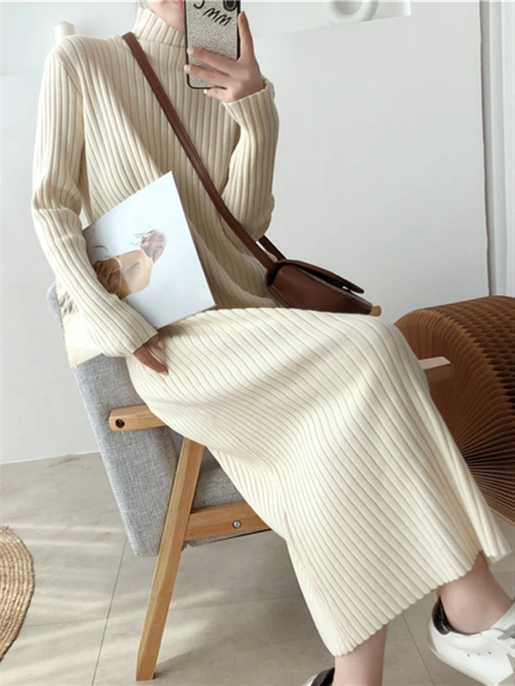 

Autumn 2022 New Elegant Vintage Solid Korean Woman Clothing Thick Apricot Sweater Dress Women Winter Knitted Warm Dresses Female