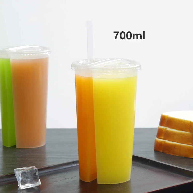 10Pcs 700ml Disposable Plastic Cups with Lids Double Grid Thicken Cup Couple Sharing Drinking Cup for Bubble Tea Boba Smoothie view 2