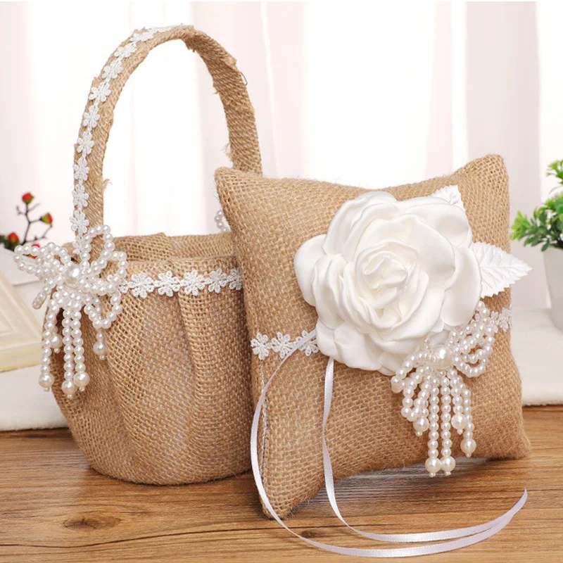 Vintage Style Wedding Flower Girl Basket with Flowers Bow With Handle Girl Basket and Ring Pillow