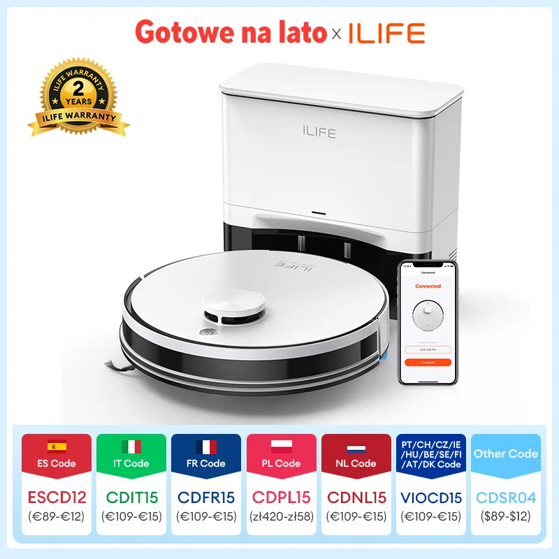 ILIFE A30 PRO, aspiration 5000 Pa, robot aspirateur et serpillière combinés, vidage automatique, capacité de 60 jours, application/télécommande, autonomie de 180 minutes