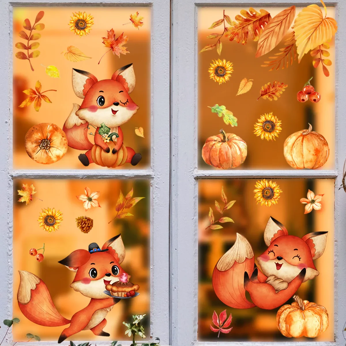 Golden Maple Leaf Window Sticker Autumn Pumpkin Fox Wall Sticker For Kids Room Decals Thanksgiving Autumn Wallpaper Home Decor