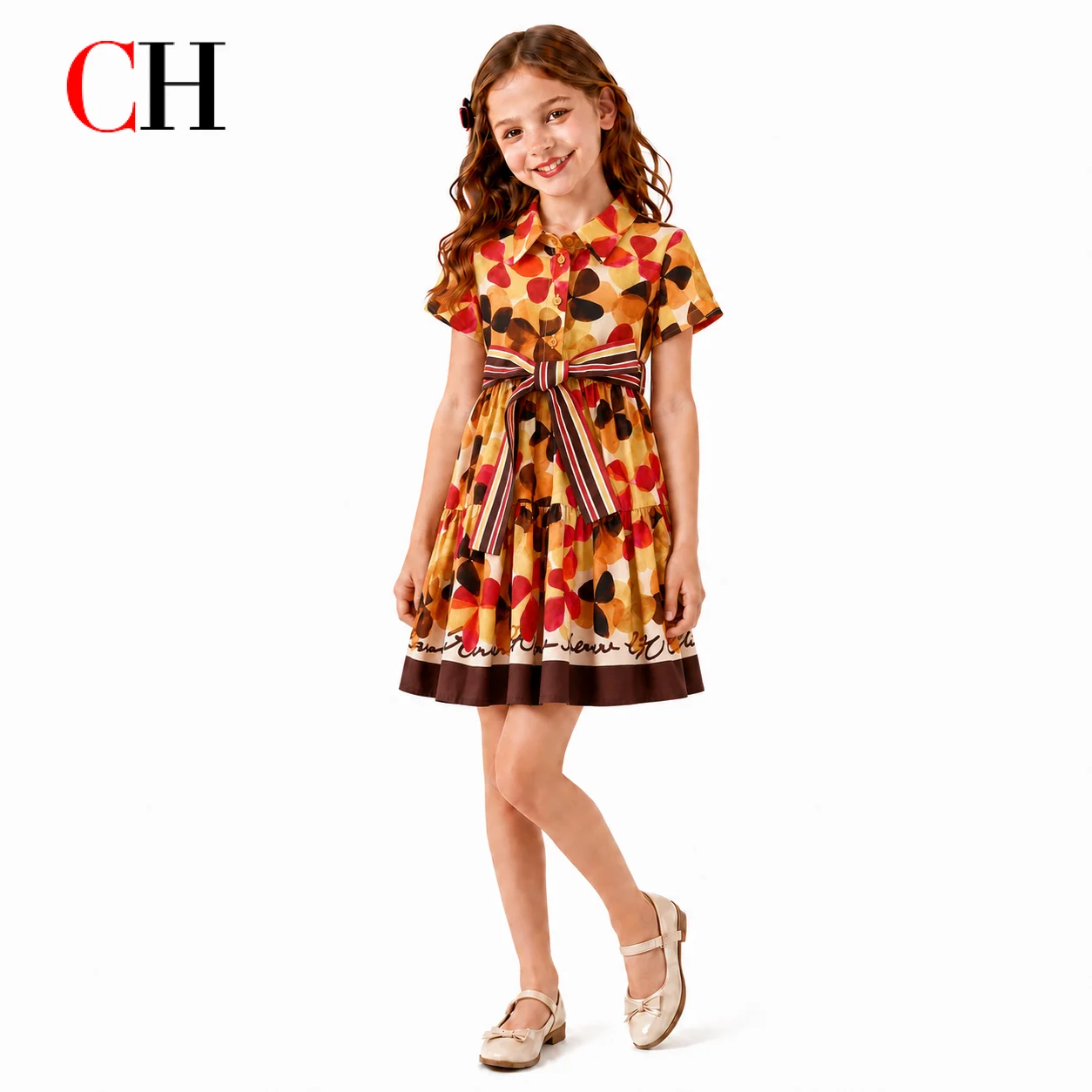 CH Girls Floral Print Shirt Dress Lapel Short Sleeve Striped Bow Belt Tiered Ruffle Summer Kids CH Logo Casual Dress