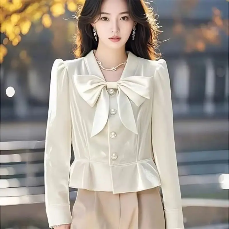 

Белая золотистая бархатная рубашка, новинка 2025 года, женская рубашка, блузка, модная шикарная весенне-осенняя однобортная повседневная рубашка с бантом, женский топ