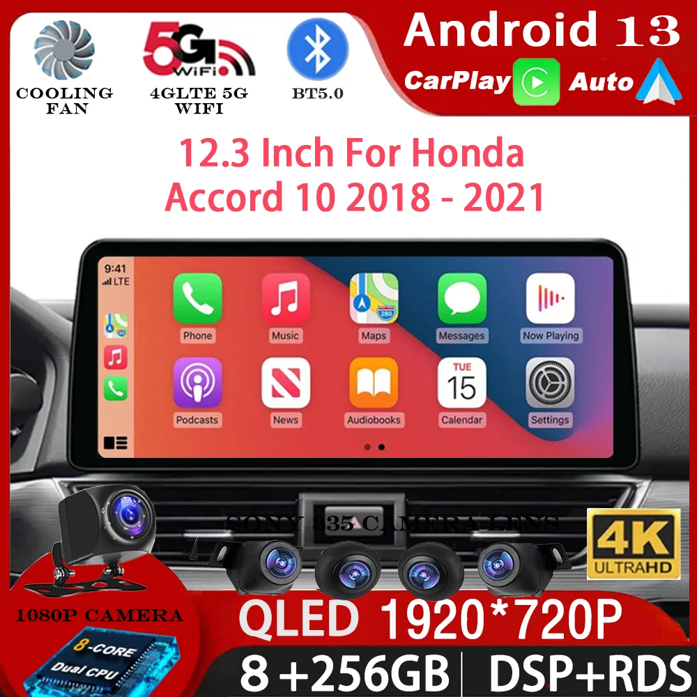 12.3 Inch For Honda Accord 10 2018 - 2021 Android 13 QLED Screen Multimedia Video Player Car Radio GPS Navigation Carplay 5G DSP