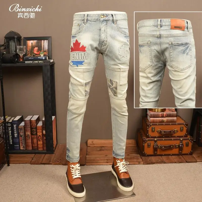 Men's Vintage Style Denim Jeans, Bright Colored, Layered Stitching, Slim Fit, Embroidered Print, Street Style, Casual