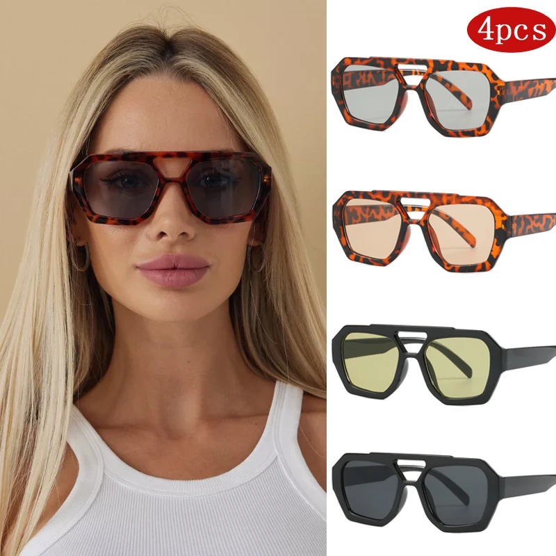 4pcs Fashion Female Double Bridges Square Sunglasses Simple Big Frame Design Eyewear  High Quality Outdoor Sunscreen Glasses