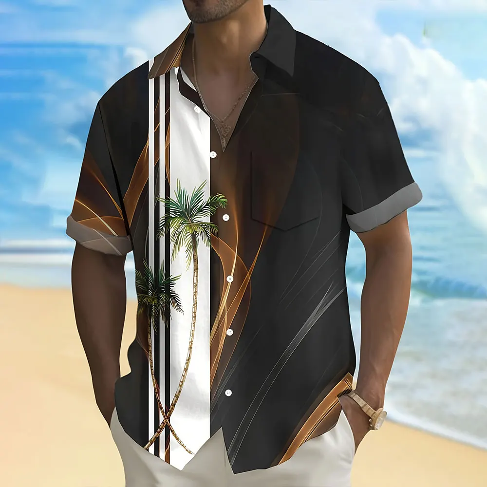 

Men Loose Shirt Fashion Coconut Tree Print Shirt Hawaii Vacation Casual Short Sleeve Shirt Men Large Size Lapel Button Up Top