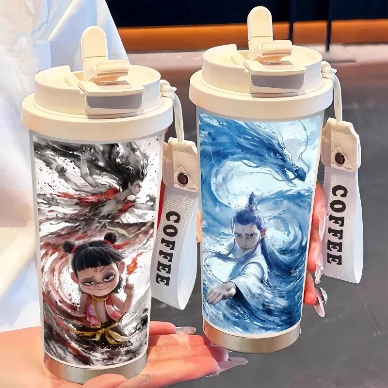 520ml Anime Nezha Insulated Water Cup Cartoon Cute Aobing 316 Stainless Steel STRAW CUP High Aesthetic Coffee Cup Girls Gifts