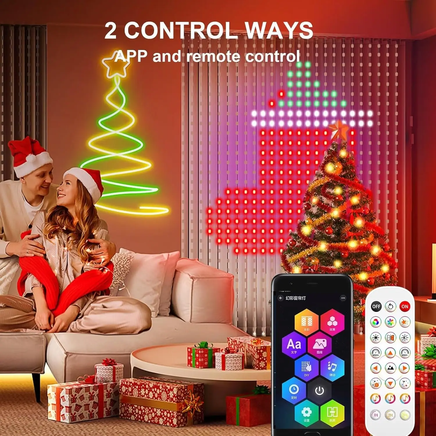 Smart Curtain Lights, 400 LED USB Curtain String Lights with App Remote Control,Music Sync Christmas Curtain String Outdoor