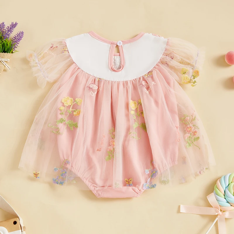 Summer Baby Rompers Dress Baby Flower Embroidery Patchwork Mesh Romper Baby Girls Short Sleeve Jumpsuit Newborn Clothes