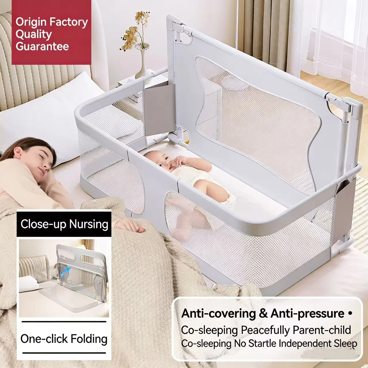 Babybett, 120x50cm, Baby Cododo, mit Sichtschutz, atmungsaktivem und sichtbarem Netzfenster, für Babys von 1 bis 36 Monaten, grau/grün/rosa