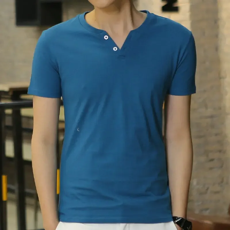 

Футболка мужская без логотипа, облегающий топ с V-образным вырезом, эластичная Базовая рубашка с коротким рукавом, оранжевая одежда, уличная одежда