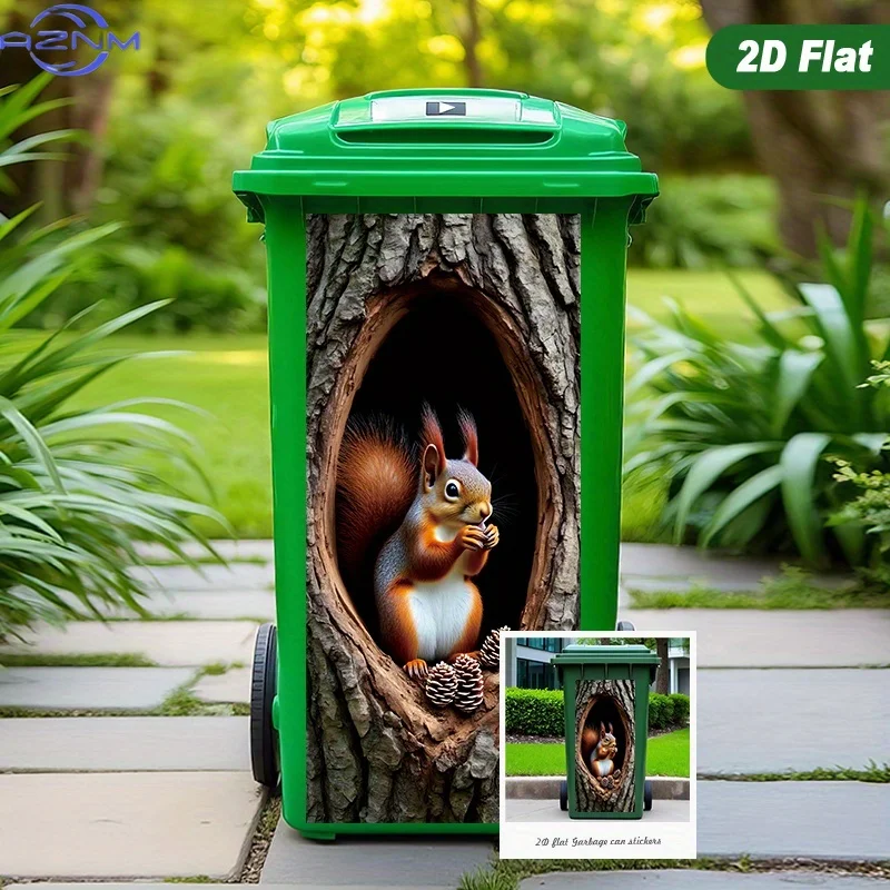 1PC Adorable Squirrel Peeking From Tree Pattern 2D Flat Garbage Can Sticker, ×cm, Self-Adhesive, Glossy Surface, Single Use, S