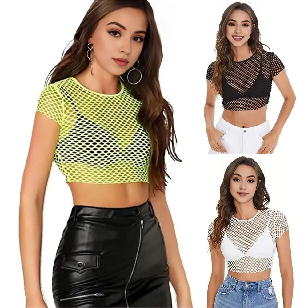 Women Mesh Crop Blouse Sexy Sheer Mesh Crop Tops O-neck Short Sleeve Solid Color Perspective Short Top Navel Exposed Tee Shirt