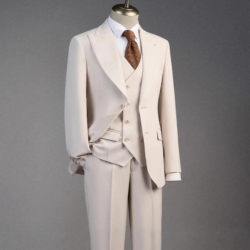 

Мужской костюм KIDWHXR в британском стиле, однобортный, приталенный, комплект из 3 предметов, однотонный, для бизнеса, свадьбы, повседневной носки