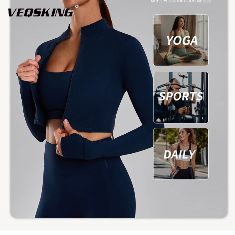 

Женская куртка-кардиган на молнии с воротником-стойкой, тонкий спортивный топ для йоги с отверстием для большого пальца, быстросохнущий дышащий топ для занятий спортом и фитнесом