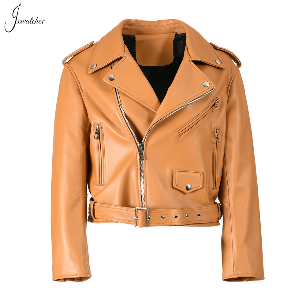 

Jxwatcher Women's Real Leather Jacket 2023 Spring New Genuine Leather Moto Biker Zipper Jacket Ladies Sheepskin Coat With Belt