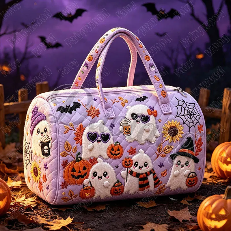 Cute Pumpkin Ghost and Bat Women Handbag Lavender Style Shoulder Bags Large Capacity Travel Bags Halloween Ladies Duffle Bag