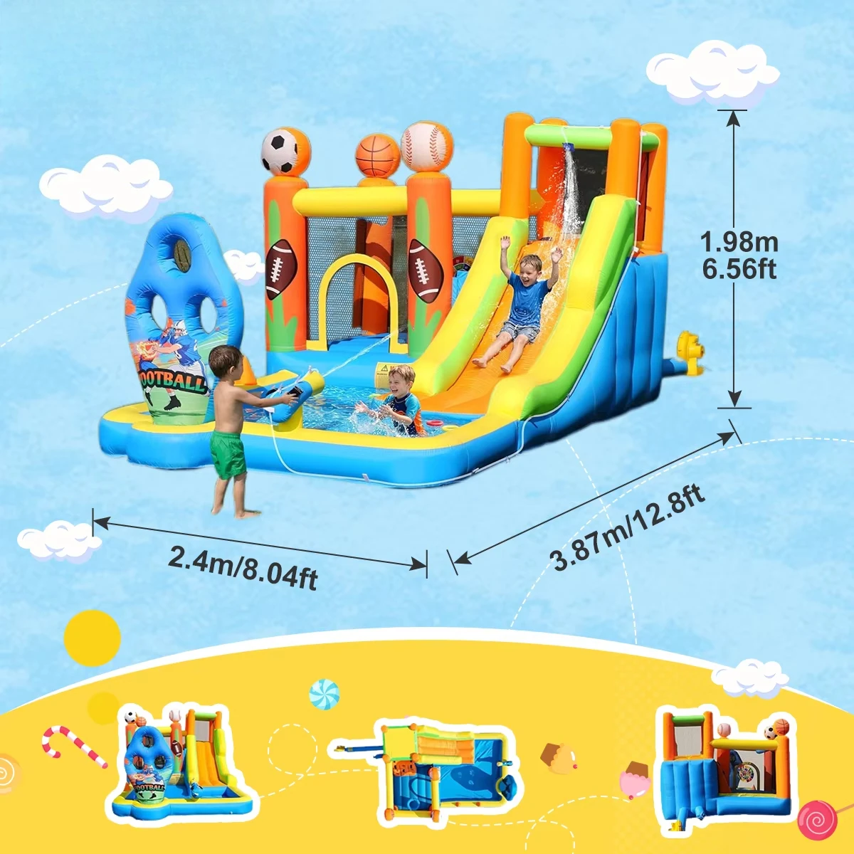 Inflatable Bounce House Blow up Water Slide Combo Park with Splash Pool Ring Toss & Football Throwing Game Backyard Outdoor