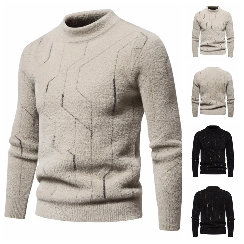 Autumn and Winter New Mohair Men\'s Warm Casual Long-sleeved Pullover Sweater Jacquard Sweater Knit Sweater