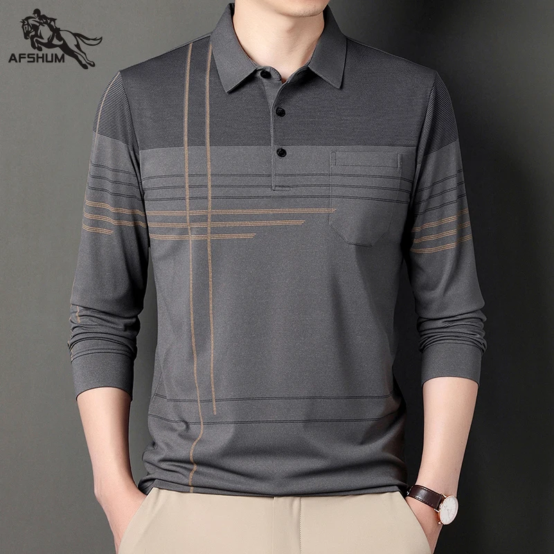 

polo shirt men high quality autumn new Men's Long sleeve polo shirt fringe stripes Middle age business casual mens polo shirt