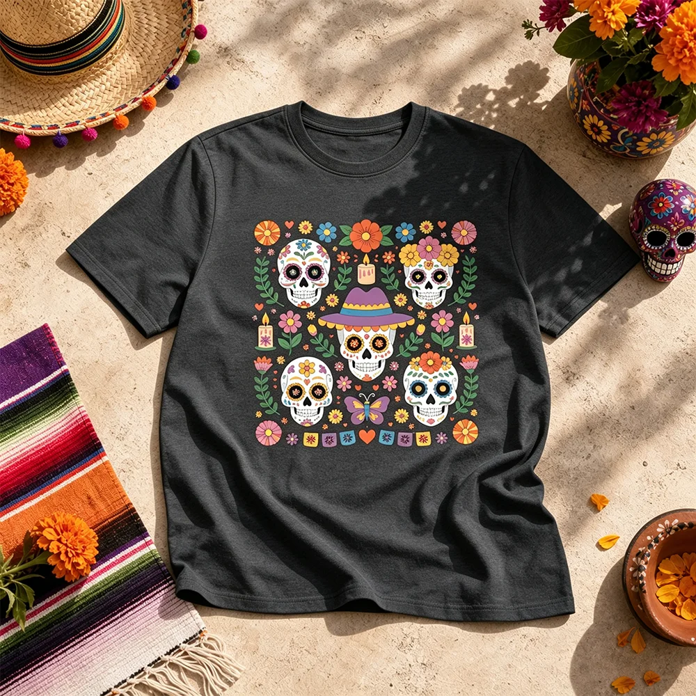 Unisex Breathable Sugar Skull Graphic Tee O-Neck Short Sleeve Parent-Child Mexican Day of the Dead Fiesta Multi Color Summer Top