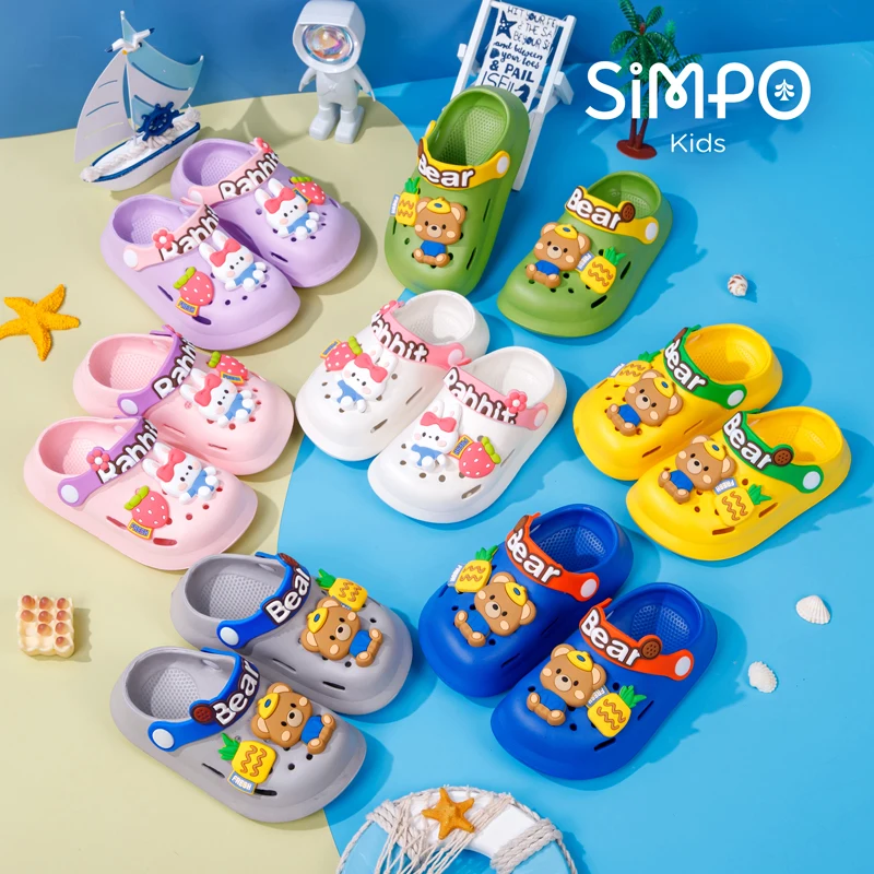 Summer Children's Bear Or Rabbit Sandals Charms Soft Anti-Skid Hole-Free Cartoon Design Indoor Outdoor Shoes with Decorations