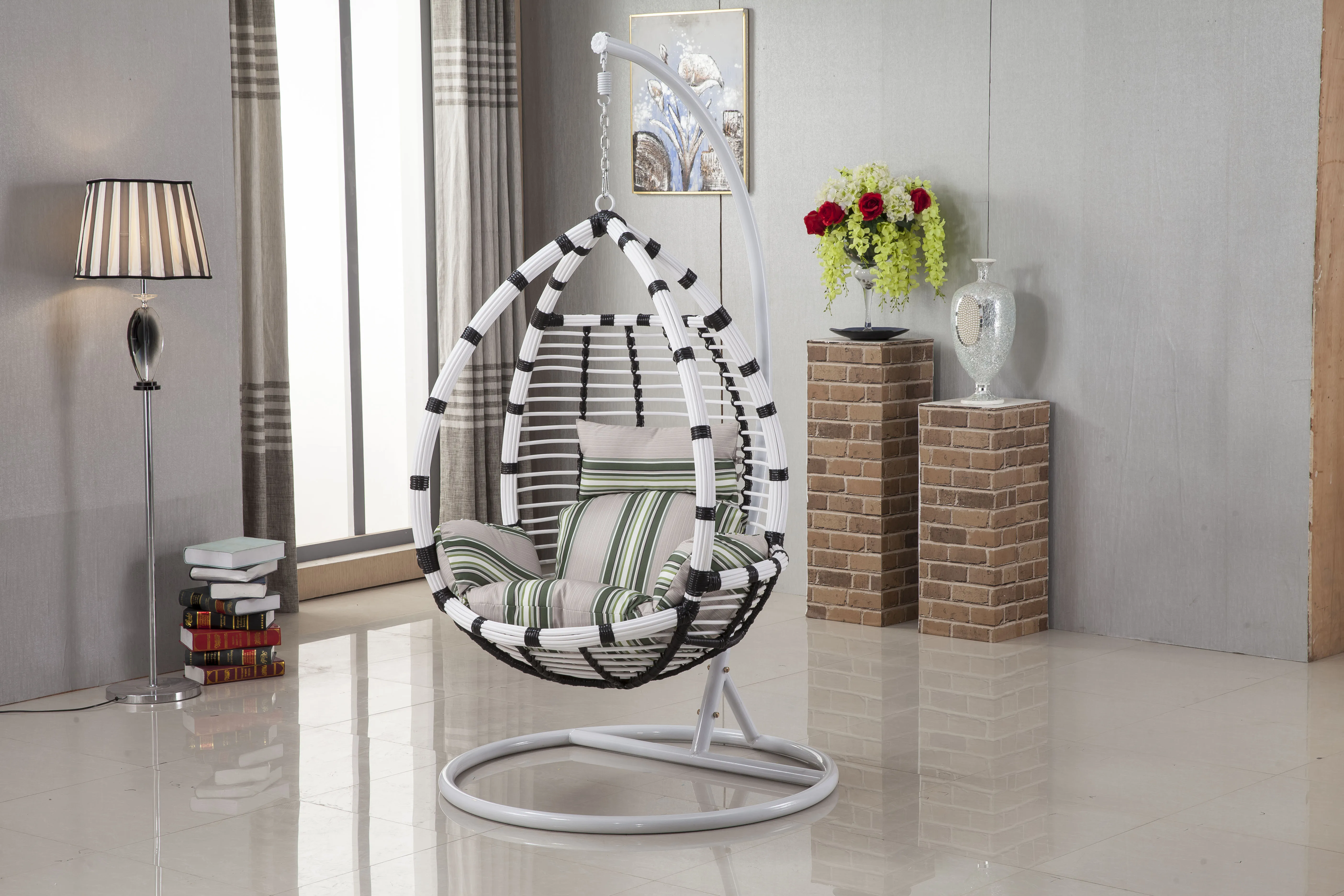 xx-Modern Hanging Swing Chair Stand PE Rattan Egg Pod Waterproof Cushion Customized Color Outdoor/Indoor Use Patio Garden Park
