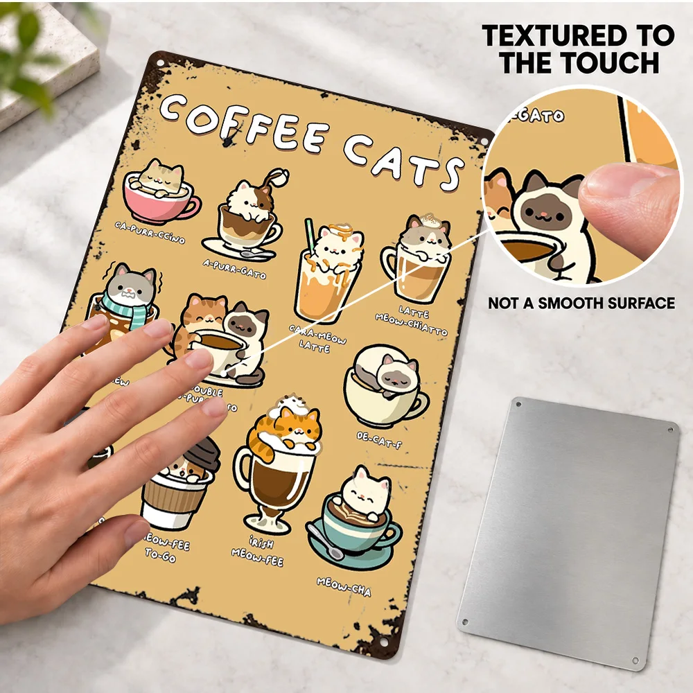 Coffee Cats Drink Guide Textured Metal Poster Bold Cozy Wall Art For Breakfast Nook Personalized Aluminum Sign Cafe Owner Gift
