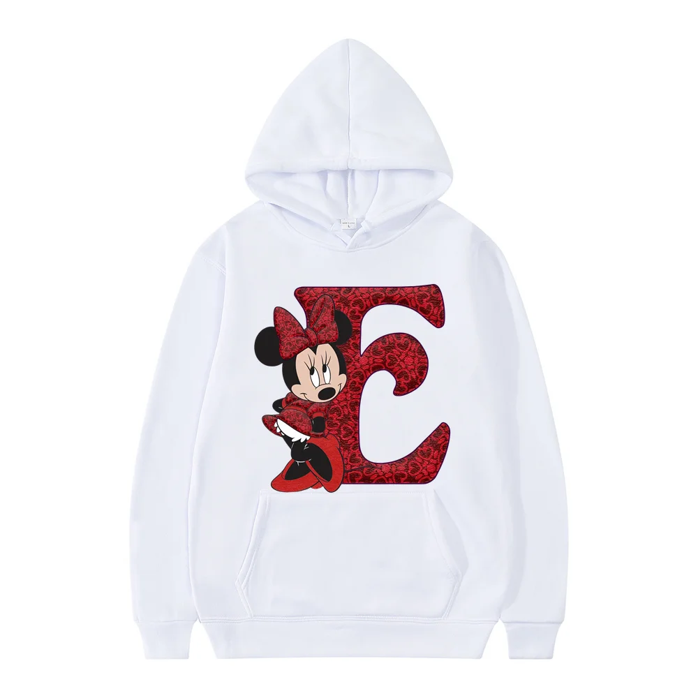 Pulôver Disney-Kawaii para crianças, letra vermelha, A, B, C, D, desenhos animados anime, tops casuais, capuz branco para meninos e meninas, roupas infantis