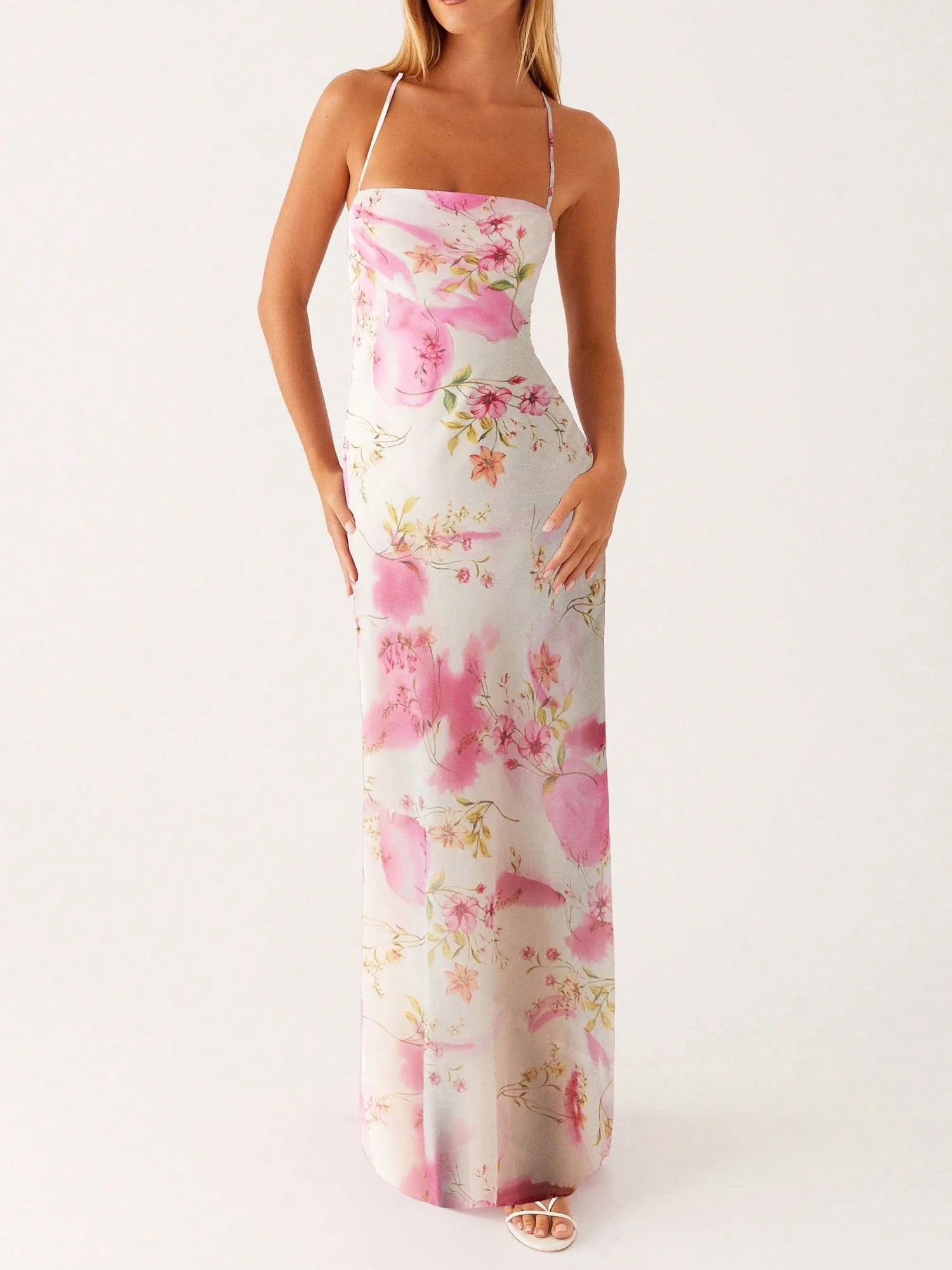 

Женское макси-платье на тонких бретелях с цветочным принтом, без рукавов, с открытой спиной, длинное летнее платье для вечеринок